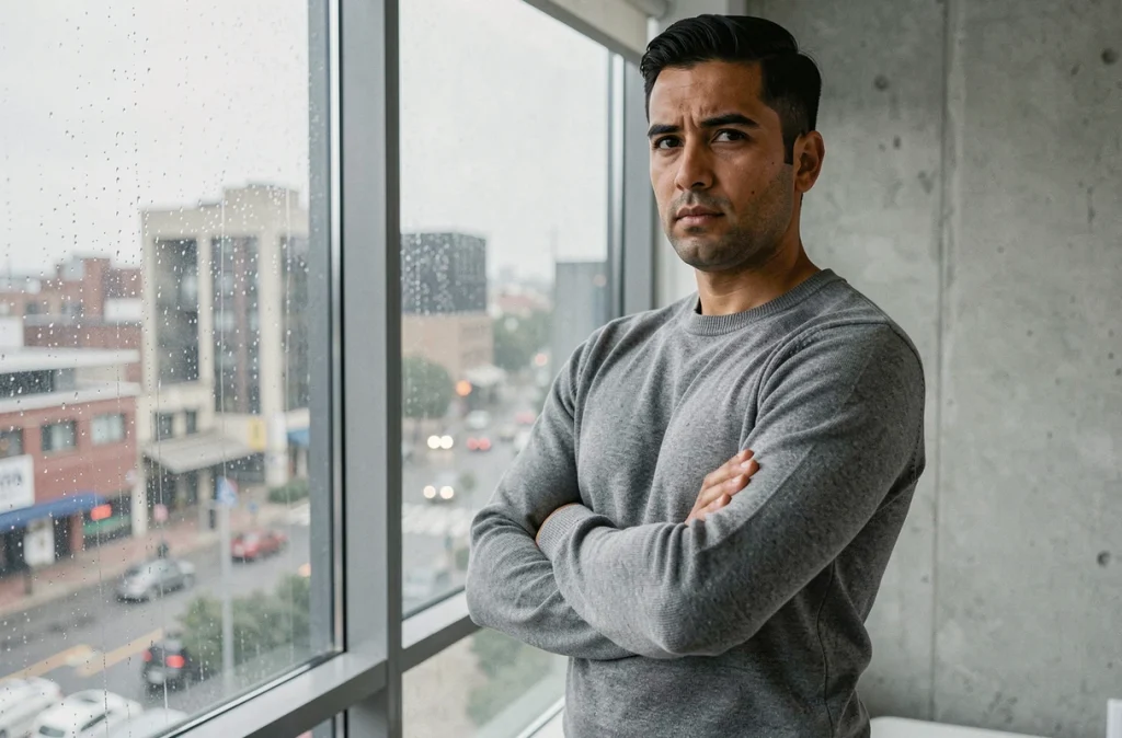Homme debout près d'une fenêtre pluvieuse, posture réservée illustrant la discrétion de Jules Torres sur la parentalité