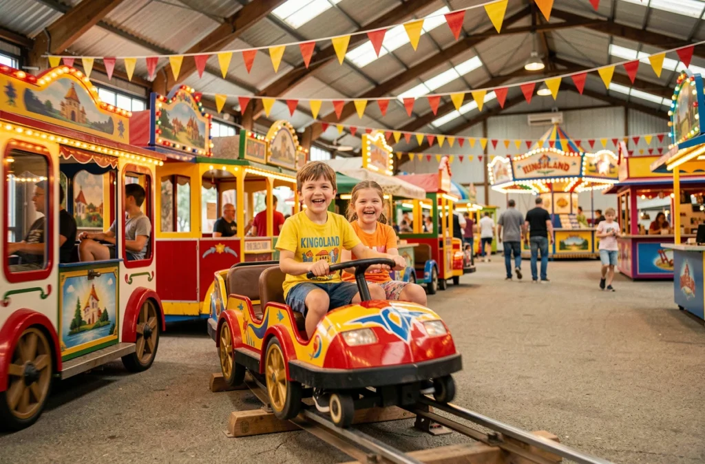 Deux enfants souriants sur un manège intérieur à Kingoland, parc de loisirs couvert à Plumelin