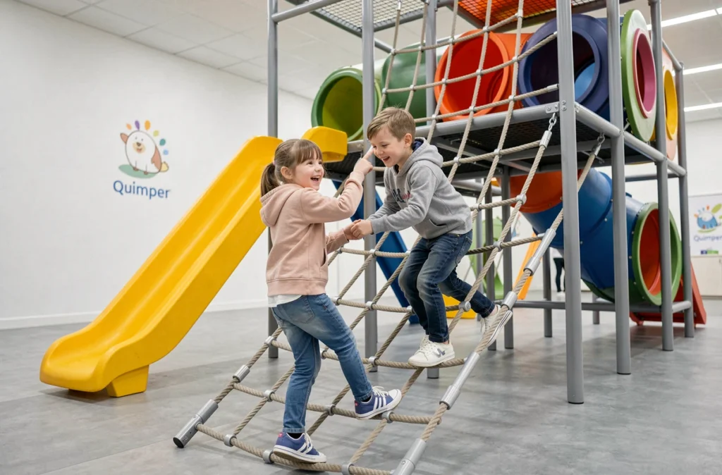 Enfants grimpant sur une structure de jeux moderne à La Playce, aire de jeux couverte à Quimper
