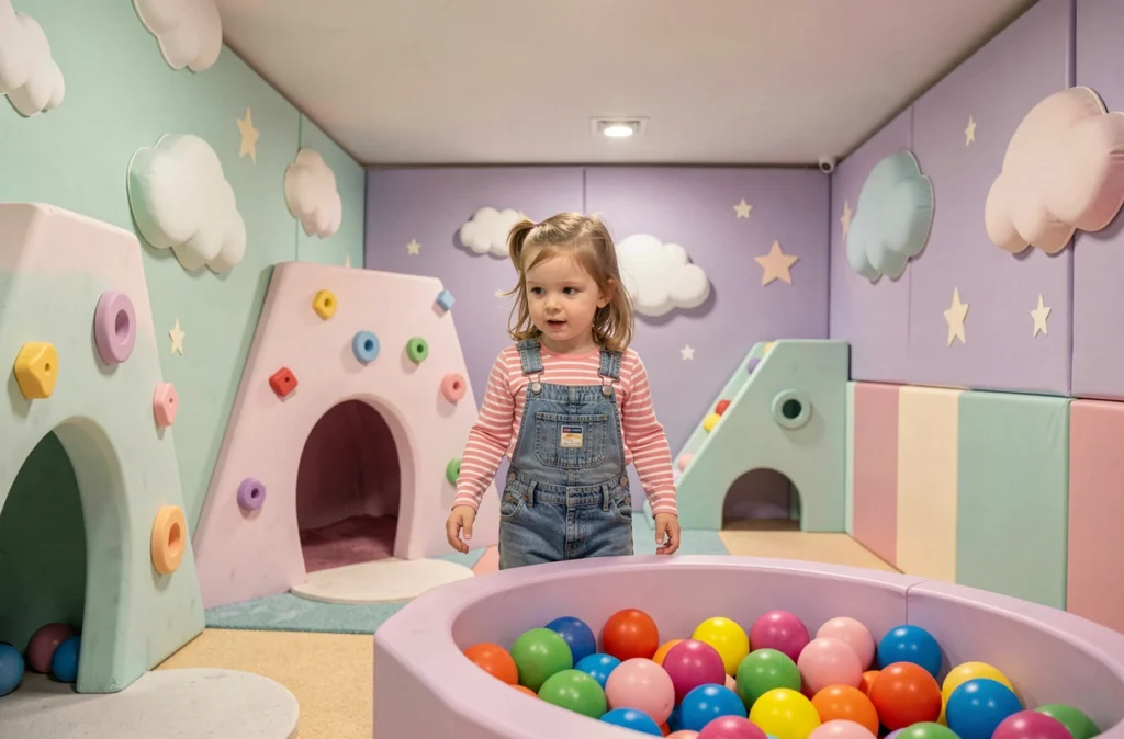 Petite fille jouant dans la zone soft play colorée du Little Parc à Tremblay
