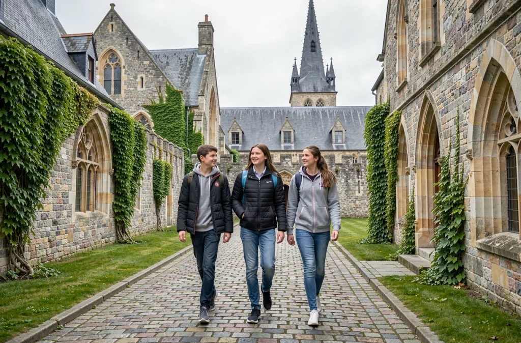Élèves dans l'enceinte historique du Lycée Les Cordeliers Notre-Dame de la Victoire à Dinan