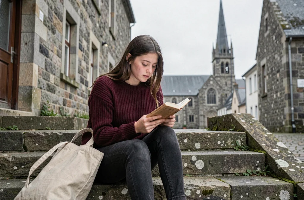 Étudiante lisant devant le Lycée Saint-Joseph de Tréguier avec la cathédrale en arrière-plan