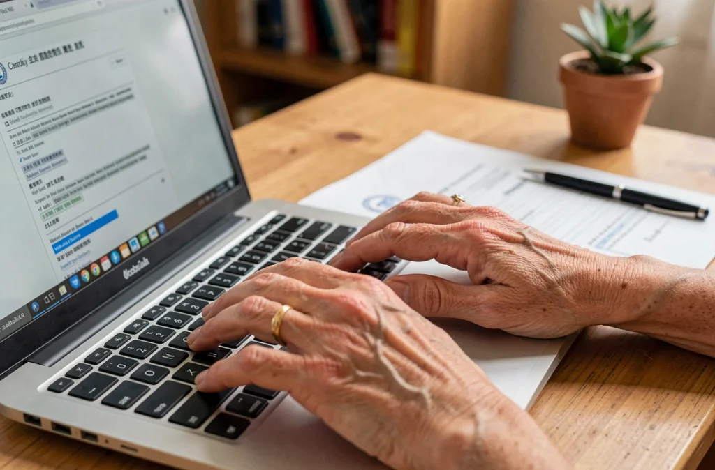 Mains d'une personne sous tutelle remplissant des documents administratifs liés à la gestion de compte tutélaire en ligne