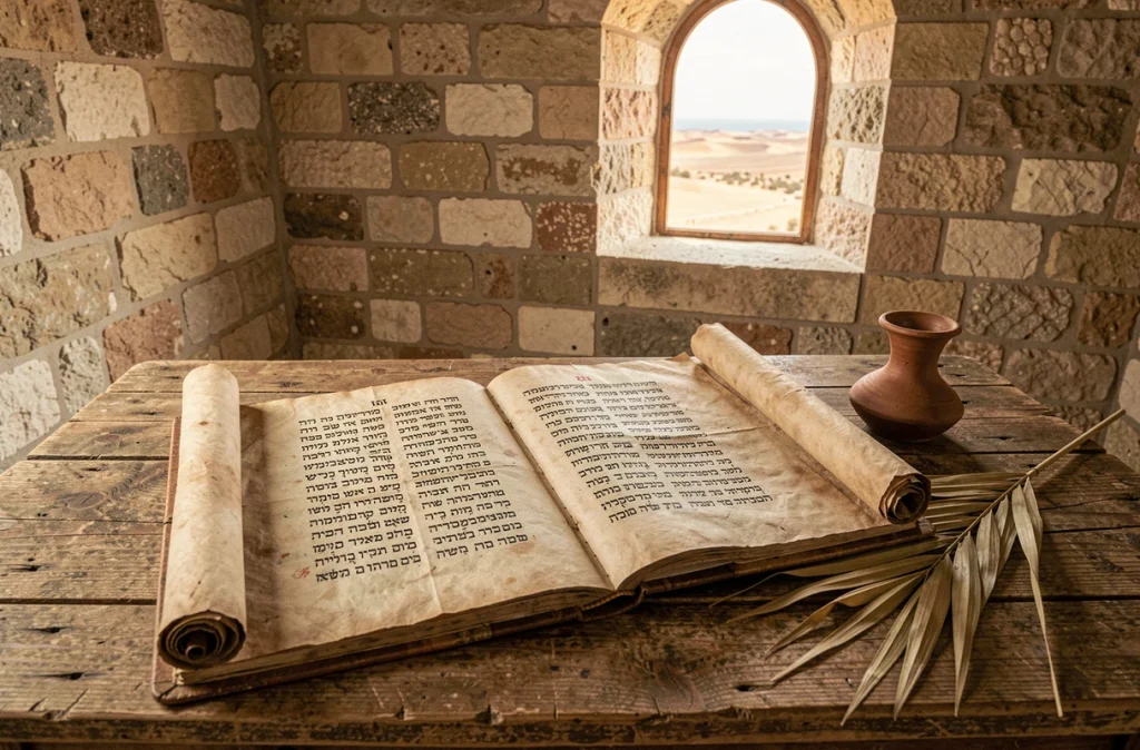 Manuscrit hébreu ancien sur table en bois avec écriture calligraphiée, symbolisant les origines bibliques du prénom Noah dans la Torah