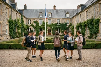 Élèves dans la cour d'une école privée en Côtes-d'Armor, architecture bretonne en pierre
