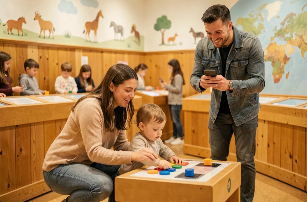 Jeune couple avec un enfant en bas âge dans un musée interactif pour enfants en région parisienne