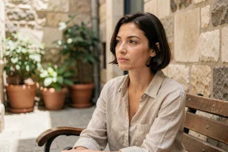 Femme pensive assise dans une cour parisienne, illustrant les confidences rares sur la vie personnelle et sentimentale