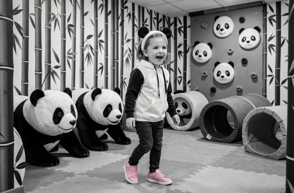Petite fille avec un bandeau panda jouant dans la zone thématique de Pandaventure Park à Bénodet