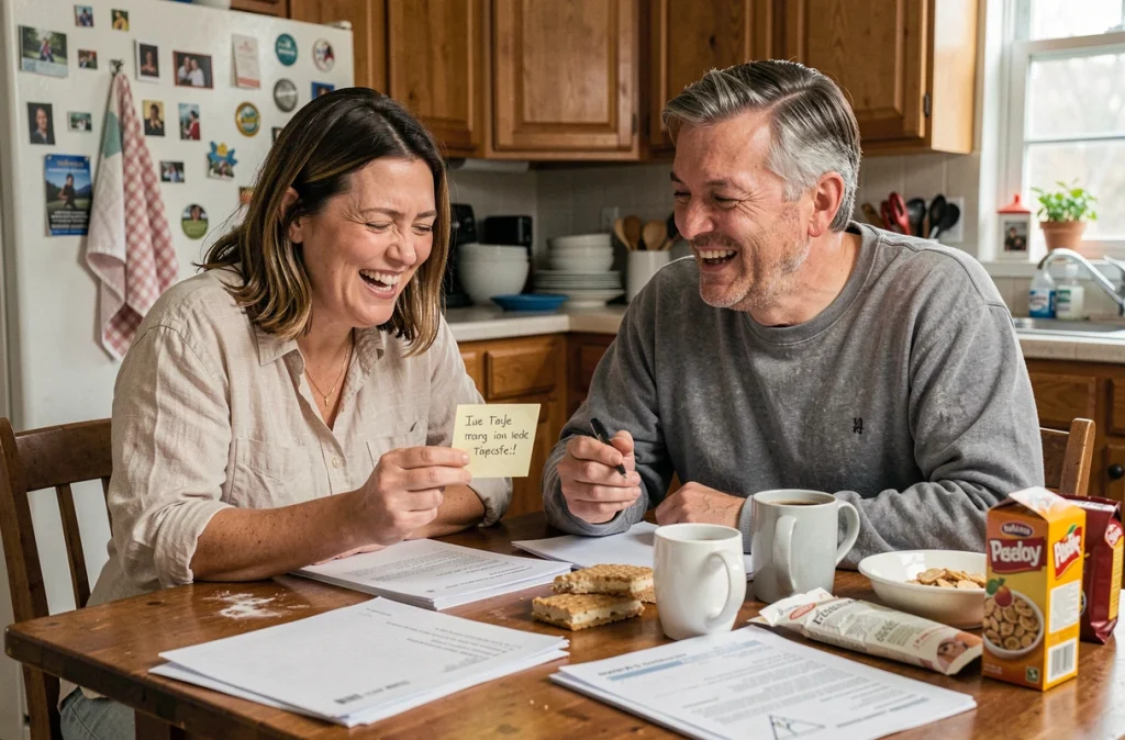 Parents épuisés mais souriants attablés dans une cuisine familiale en désordre, partageant une blague de couple avec humour du quotidien