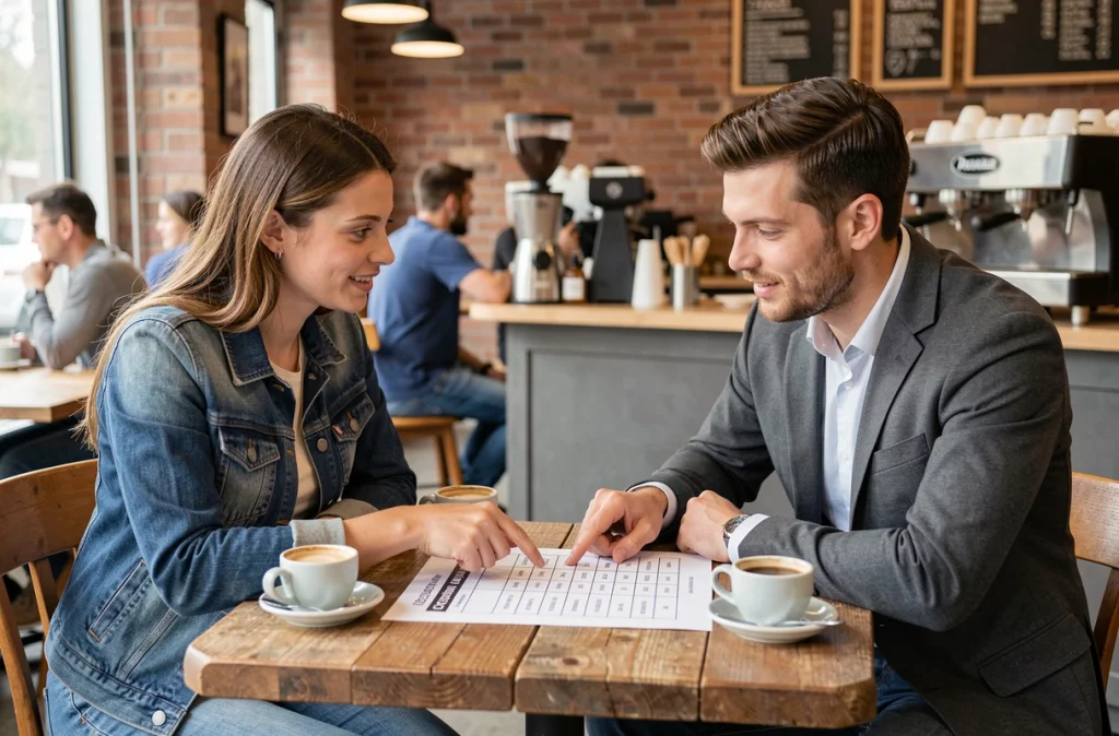 Deux parents discutant d'un planning de garde alternée semaines paires et impaires dans un café