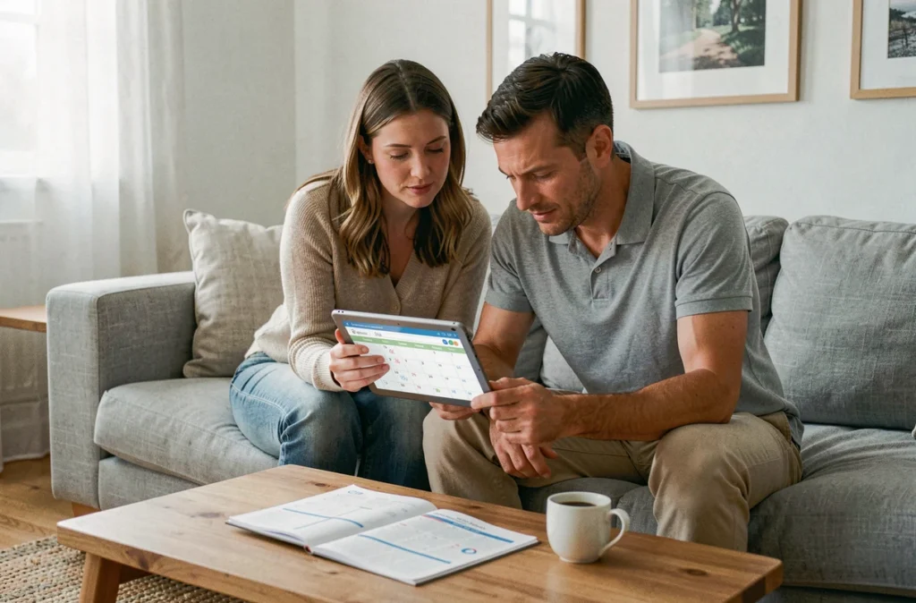 Couple de parents consultant un calendrier scolaire numérique sur tablette pour planifier les jours fériés 2025-2026 en famille
