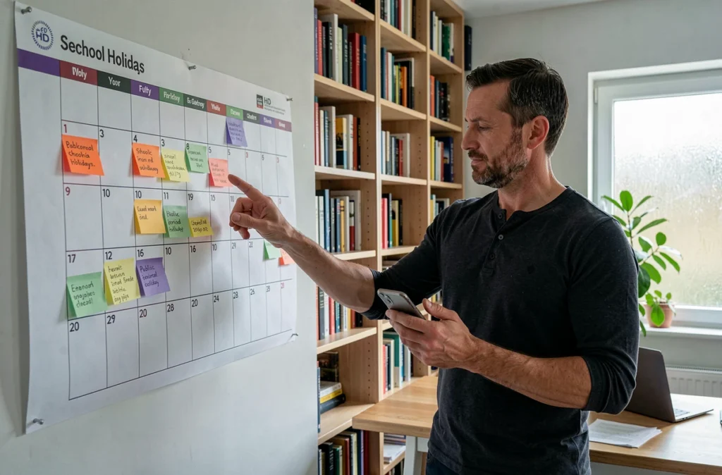 Père organisant les vacances scolaires et jours fériés 2025-2026 sur un grand calendrier mural dans un bureau à domicile