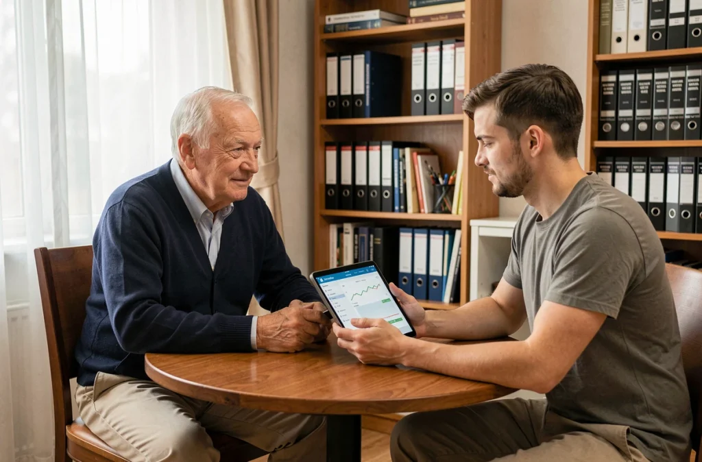 Personne âgée accompagnée par un travailleur social pour la gestion de son compte sous tutelle avec une tablette numérique