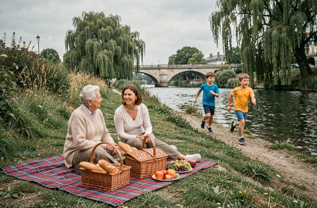Famille multigénérationnelle en pique-nique au bord de la Seine en Île-de-France lors d'un week-end