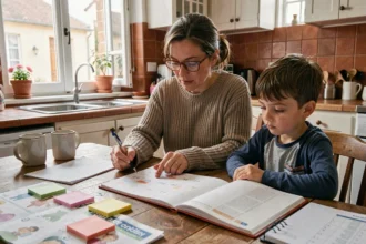 Mère et fils planifiant les jours fériés scolaires 2025-2026 sur un calendrier familial dans une cuisine chaleureuse