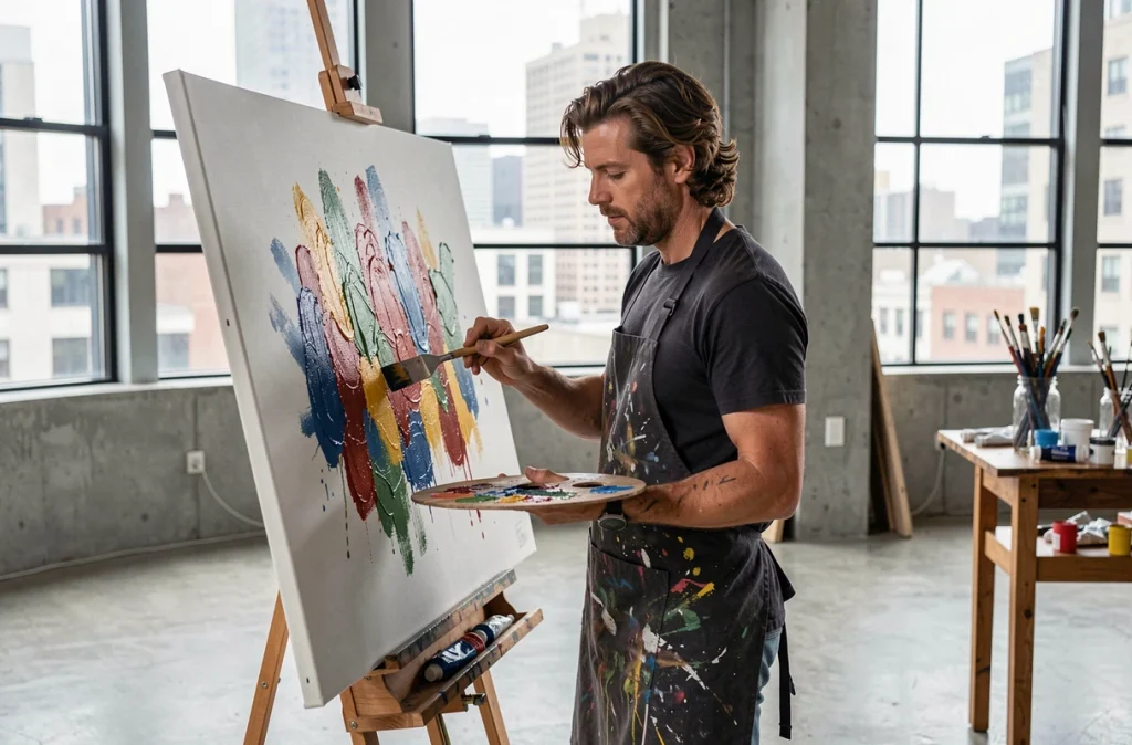 Artiste peintre créatif dans un loft studio travaillant sur une grande toile, portrait illustrant la créativité associée au prénom Raphaël
