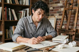 Jeune homme créatif au prénom Raphaël dessinant avec concentration dans un atelier d'artiste chaleureux