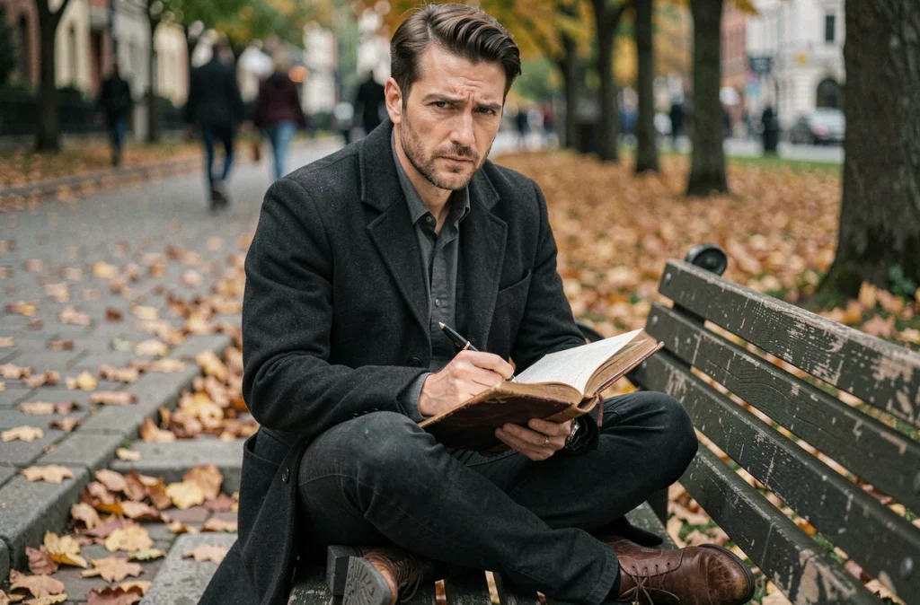 Homme pensif écrivant dans un journal intime dans un parc en automne, évoquant la profondeur du prénom Raphaël