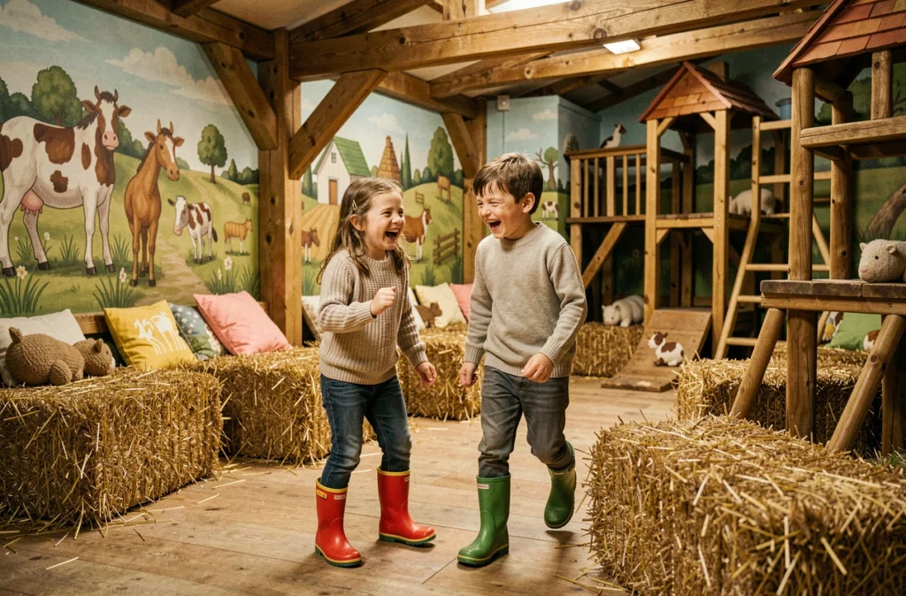 Enfants riant dans le décor champêtre et fantaisiste du P'tit Délire à Ploemel