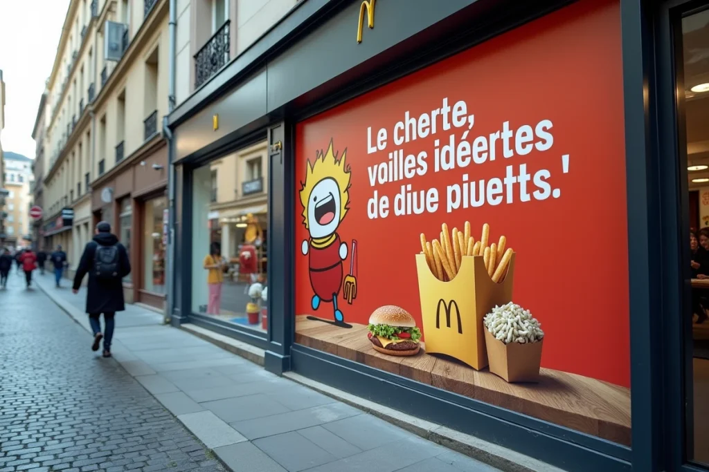 Publicité McDonald's Happy Meal en vitrine d'un restaurant français, ciblant les enfants avec des personnages colorés et des visuels attractifs