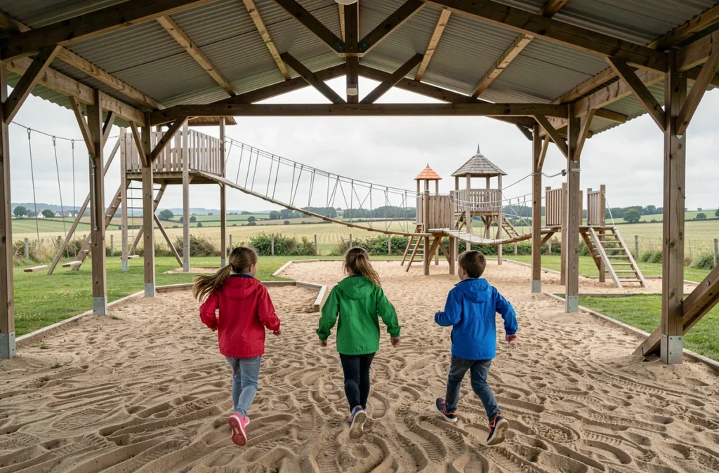 Enfants courant dans les espaces de jeux couverts et aménagements de La Récré des 3 Curés à Milizac
