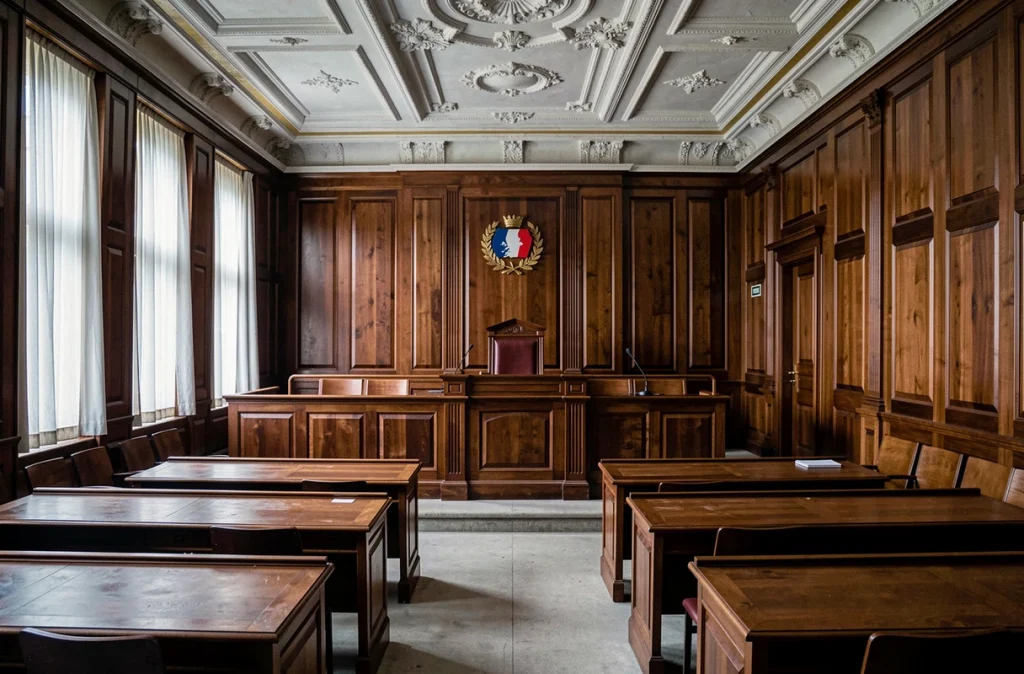Salle d'audience vide d'un tribunal pour enfants en France, illustrant le cadre solennel d'une comparution devant le juge des enfants