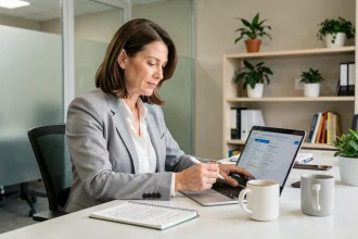 Tutrice professionnelle consultant un logiciel de gestion tutélaire sur ordinateur portable dans un bureau administratif moderne