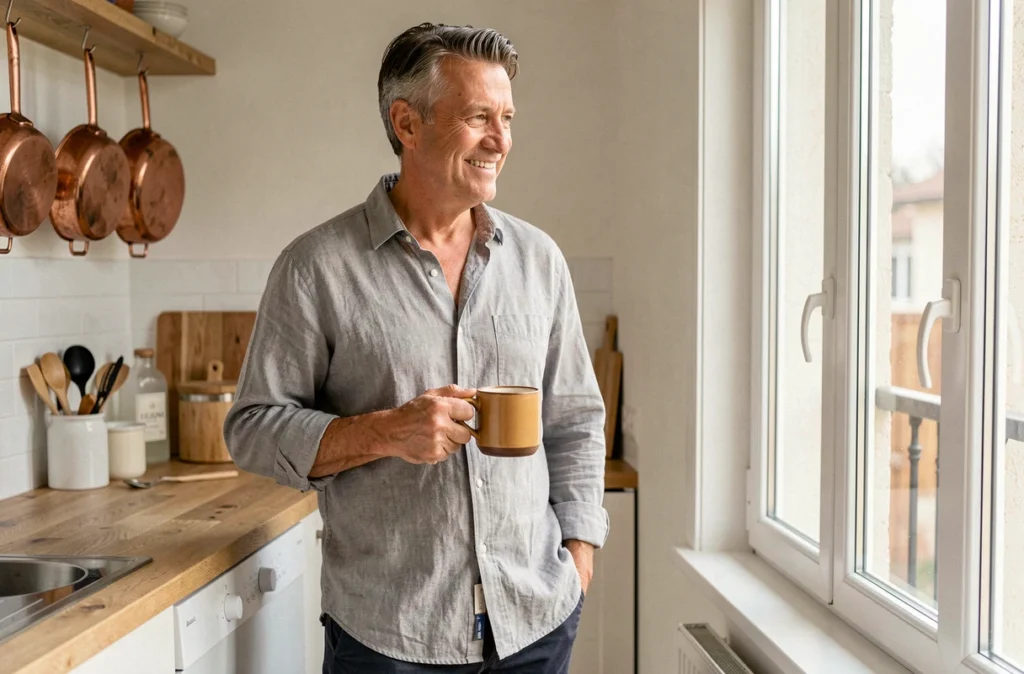 Homme en tenue décontractée dans une cuisine familiale lumineuse tenant un café, évoquant la vie privée et l'intimité familiale d'un journaliste
